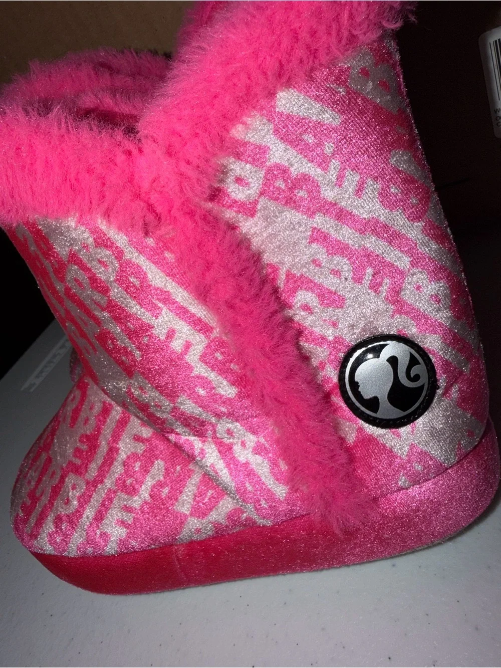 Mattel Girls Pink Glitter Plush Slip-On Slippers
